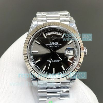 8+ Factory Swiss Rolex Day-Date Gain Weight Dark Gray Face Stainless Steel Clone Watch 